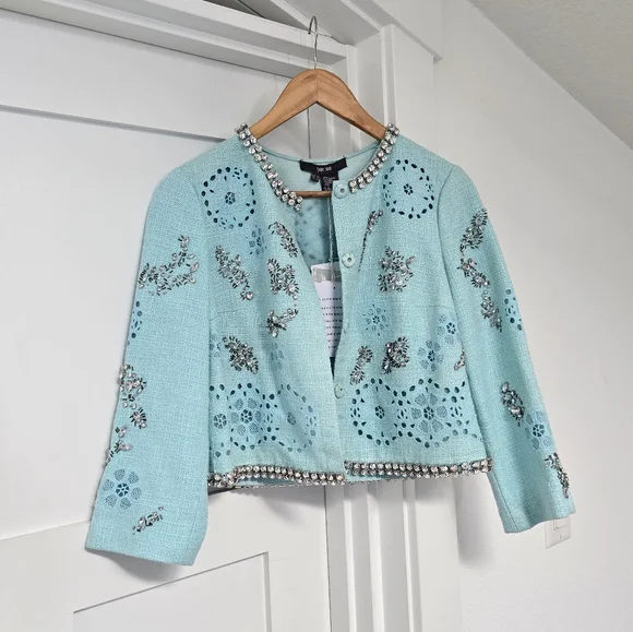 🆕️ Per Se Carlisle Per Elegant Crystal Floral Tweed Blazer in Mint Aqua Blue - Picture 1 of 10